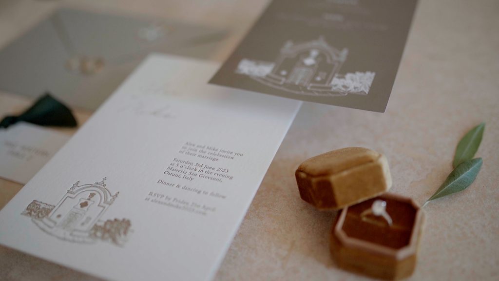 detail of the engagement ring and invitation for the destination wedding in Masseria San Giovanni Puglia