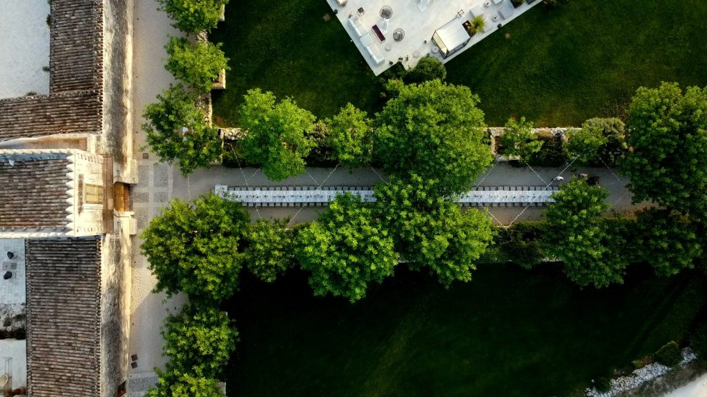 view from above of the tree-lined avenue in front of the entrance portal of the Dimora delle Balze, an ancient sicilian estate, with a long imperial table