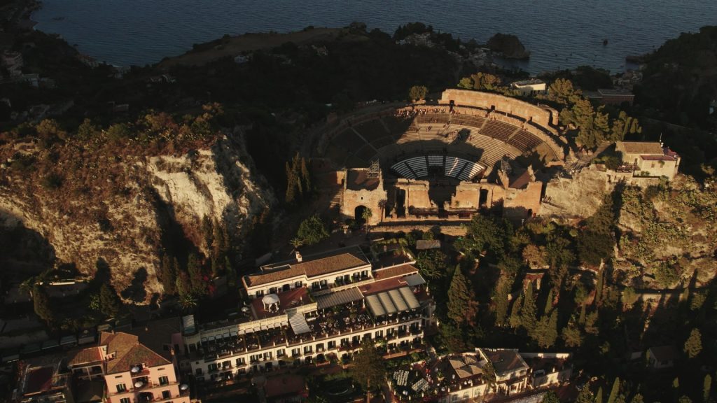 A spectacular aerial view of Teatro Greco in Taormina
