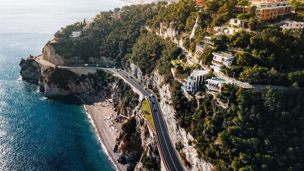 beautiful landscape of a road on a rocky coast overlooking the sea